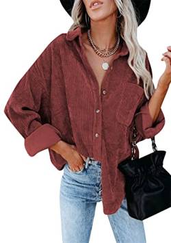 Yming Casual Revers Hemden für Frauen Loose Fit Strickjacken mit Taschen Langarm Bluse Weinrot XXL von Yming