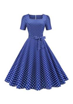 Yming Damen 1950er Jahre Audrey Hepburn Vintage Kleid mit Gürtel Empire Taille Kurzarm Kleid Blau L von Yming
