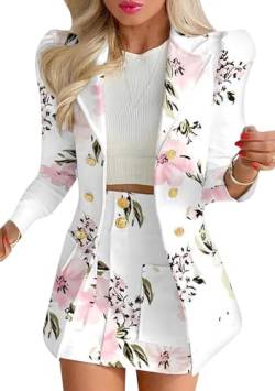 Yming Damen 2-Teilige Outfits Mit Blazer Mit Reverskragen Langärmeliger Jacke Und Hoch Taillierten Shorts Für Die Arbeit Weiß Blumig S von Yming