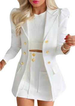 Yming Damen 2-Teilige Outfits Mit Langärmeligem Blazer Mit Doppeltem Knopfverschluss Und Hoch Tailliertem Minirock Für Das Büro Weiß M von Yming