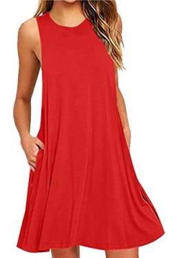 Yming Damen Ärmelloses Kleid Casual Minikleid mit Tasche Tank Top Kleid rot M von Yming