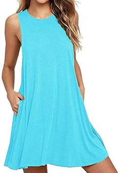 Yming Damen Ärmelloses Kleid Lässiges Rundhals Minikleid Langes Hemd Kleid Wasserblau M von Yming
