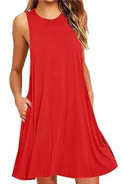 Yming Damen Ärmelloses T-Shirt-Kleid Rundhals Lässiges Sommerkleid mit Tasche Rot S von Yming