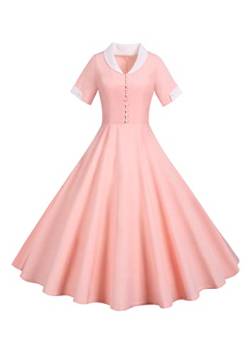 Yming Damen Abend Audrey Hepburn Stil Kleid Revers Vintage Einfarbig Kleid Tea Party Cocktailkleid Rosa S von Yming