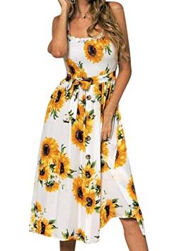 Yming Damen Blumen Rüschen Kleid mit Gürtel Sommerkleid Spaghettiträger Kleid Sonnenblume Weiß S von Yming