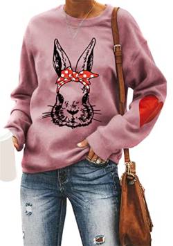 Yming Damen Bunny Muster Pullover O Hals Sweatshirts Ostern Casual Langarm Sweatshirts Rosenrot S von Yming