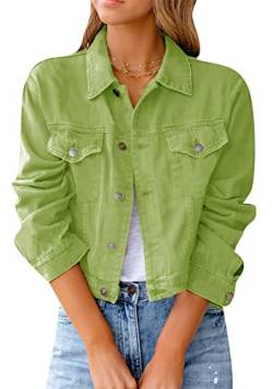 Yming Damen Casual Denim Jacke Baumwolle Langarm V Hals Shirt Knopf Einfarbig Bluse Grün XL von Yming