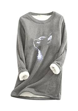 Yming Damen Casual Fleece Tops Katze Muster Pullover Rundhals Gefüttert Weiche Bluse Pullover Pullover Dunkel Grau XS von Yming