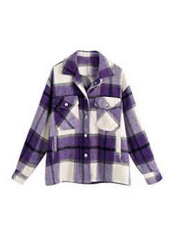 Yming Damen Casual Karohemd Plaid Hemd Vintage Langarm Holzfällerhemd Button-down Karierte Bluse F-Violett XL von Yming