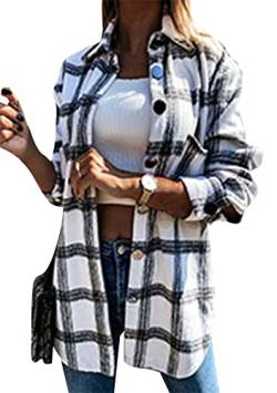 Yming Damen Casual Plaid Bluse mit Tasche Button Down Shirt Langarm Holzfällerjacke Schwarz Weiß 3XL von Yming