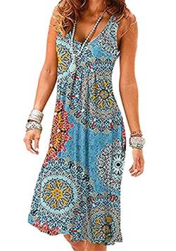 Yming Damen Casual Sommerkleid Rundhals Falten Kleid Schulterfrei Strandkleid Blauer Jahresring XS von Yming