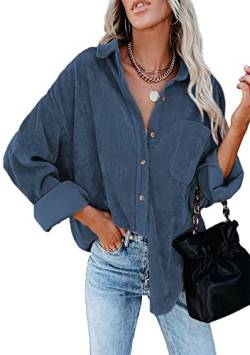 Yming Damen Casual Vintage Cord Hemd Einfarbig Lose Übergröße Shirt Blau 3XL von Yming