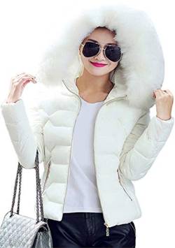 Yming Damen Daunenmantel Casual Slim Winter Warm Hoodied Outerwear With Fur Jacke Weiß XS von Yming