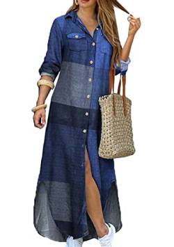 Yming Damen Denim Shirt Kleider Sommer Sexy V Ausschnitt 3/4 Ärmel Lose Lange Maxi Plissee Kleid Sommerkleid Blau L von Yming