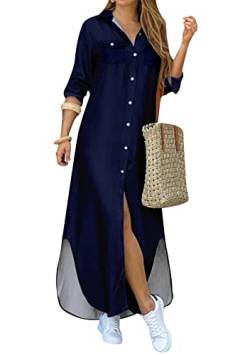 Yming Damen Einfarbig Kleid Revers Aufgerollten Ärmeln Hemdkleid Knopf Unten Kleid Marineblau 2XL von Yming