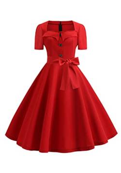 Yming Damen Elegant Vintage Partykleid Trapez V Ausschnitt Kleid Sommer Cocktailkleid Rot Rein M von Yming