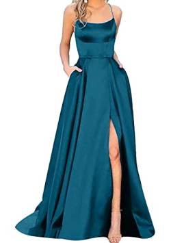 Yming Damen Elegante Abschlussballkleider Langes Satin Hochgeschlitztes Kleid Ausschnitt Abendkleid Partykleider Türkis M von Yming