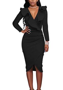 Yming Damen Figurbetontes Langarm Kleid Tief V Ausschnitt Partykleid Übergröße Schwarz XXL/DE 44-46 von Yming