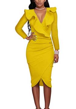 Yming Damen Figurbetontes Midi Kleid V-Ausschnitt Partykleid Sexy Langarm Kleid Gelb L/DE 40-42 von Yming