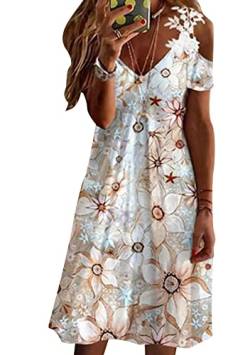 Yming Damen Kalte Schulter Kleid Gedruckt Elegante Midi Kleid Urlaub Casual Sundress Hellrosa Blume M von Yming