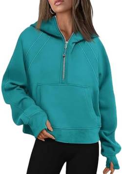 Yming Damen Kapuze Mock Kragen Pullover Lose Half Zipper Hoodies Fleece gefüttert Daumenloch Tops Ozeangrün M von Yming