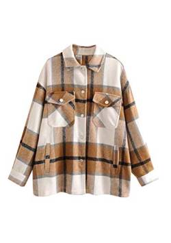Yming Damen Kariert Holzfällerhemd Oversized Langarm Hemd Casual Karo Blusenshirt mit Brusttaschen F-Khaki XL von Yming