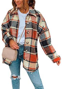 Yming Damen Karierter Mantel Knopftaschen Oversize Jacke Langarm Hemd Bluse Holzfällerjacke mit Brusttaschen Hemdjacke Orange M von Yming