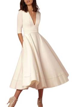 Yming Damen Kleid mit tiefem V-Ausschnitt 3/4 Ärmel einfarbig Kleid Kleid Taschen Kleid Swing Hem Kleid Weiß 3XL von Yming