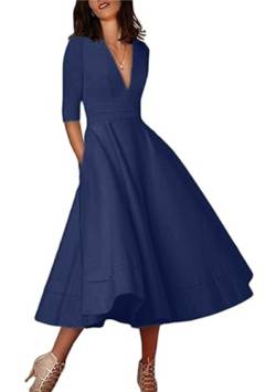 Yming Damen Kleid mit tiefem V-Ausschnitt 3/4 Ärmel einfarbig Kleid Kleid Taschen Kleid Swing Hem Waist Party Kleid Dunkle Blau S von Yming