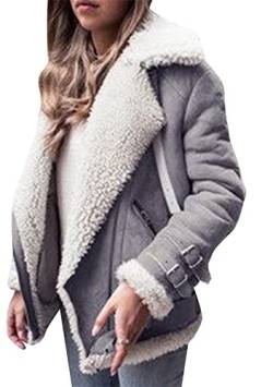 Yming Damen Kunstlederjacke Wildleder Pelz Wintermantel Casual Moto Style Mantel Grau XL von Yming