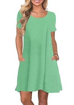 Yming Damen Kurzarm Taschen Kleid Rundhals-T-Shirt MiniKleid Lässige Kleid Swing-Kleid Hellgrün L von Yming