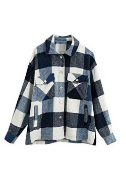 Yming Damen Langarm Holzfällerhemd Kariertes Hemd mit Zwei Brusttaschen Herbst Karohemd F-Blau M von Yming