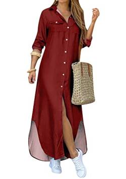 Yming Damen Langarm Kleid Hemdkleid Button Down Revers Kleid Vintage Maxikleider Weinrot XL von Yming