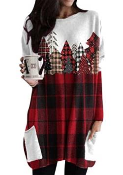 Yming Damen Langarm Leichtes Sweatshirt Schneemann Gedrucktes Kleid Rundhalsausschnitt Farbblock Pullover Plaid XL von Yming