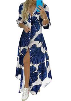 Yming Damen Langarm Maxikleid Blusenkleid Mit Taschen Knopf Kleider Navy Blau 3XL von Yming