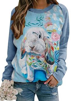 Yming Damen Langarm Pullover Color Block Tops Kaninchen Print Rundhals Pullover Blau Bunny XL von Yming