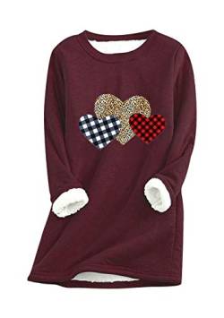 Yming Damen Langarm Pullover Herz Sweatshirts Winter Warme Pullover Dicker Bedrucktes Pulli Bordeaux XL von Yming