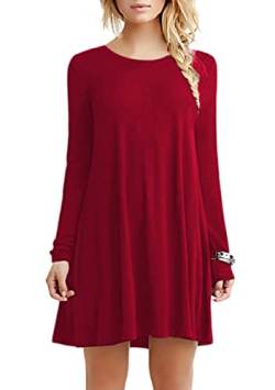Yming Damen Langarm Rundhalsausschnitt Kleid Solide Farbe Lose Casual Tunika Tops T-Shirt Swing Saum Kleid Rot XS von Yming