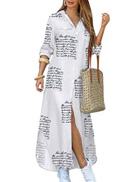 Yming Damen Maxikleid mit Taschen Button Down Reverskragen Kleid Langarm Kleider Buchstabe 2XL von Yming