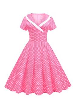 Yming Damen Party Polka Dot V-Ausschnitt Kleid Abend Vintage Kleid Revers Slim Fit Ballkleider Rosa XL von Yming