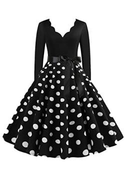 Yming Damen Party Trapez Vintage Kleid Hohe Taille Freizeitkleid Audrey Hepburn Kleid Schwarz Dot M von Yming