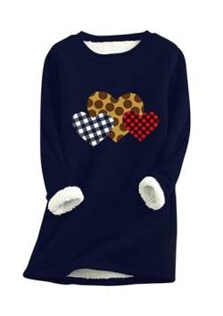 Yming Damen Plüsch Pullover Winter Warm Pullover Soft Loungewear Langarm Herz Print Pullover Marine Blau 3XL von Yming