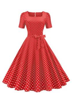 Yming Damen Polka Dot Abend Tea Party Kleid Vintage Kleid mit Gürtel Swing Ballkleider Rot L von Yming