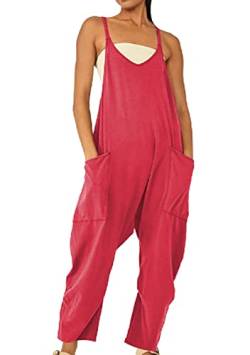 Yming Damen Reißverschluss Sommer Jumpsuits Spaghettiträger Einfarbig Jumpsuits Lange Hosen Rückenfrei Jumpsuits V-Ausschnitt Elegante Jumpsuits Wassermelone Rot 5XL von Yming