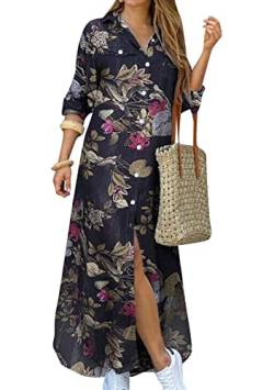 Yming Damen Revers Kleid Button Down Hemdkleid Freizeit Maxikleid mit Taschen Blumen Schwarz XL von Yming