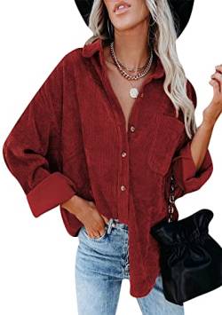 Yming Damen Revers Leichte Jacken Button Down Hemden Casual Cord Hemden Rot L von Yming