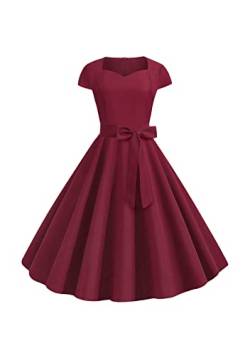 Yming Damen Rockabilly Swing Sexy Kleid Kurzärmeliges Cocktailkleid Einfarbig Sommerkleider Audrey Hepburn Kleid Rotwein L von Yming