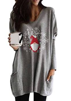 Yming Damen Rundhals Pullover Feiertags Sweatshirts Weihnachten Bedruckte Pullover Weihnachtsmann Grau XXL von Yming