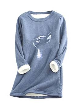 Yming Damen Rundhalsausschnitt Langarm Sweatshirts Lässige Plüsch Loose Fit Pullover Fleece Gefütterte Tops Blau 3XL von Yming