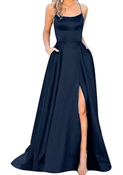 Yming Damen Satin Quadratischer Ausschnitt Kleider Mit Schlitz Langes A Line Kleid Formales Partykleid Mit Taschen Marineblau S von Yming